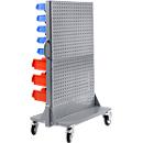 Magasin mobile pour petites pièces, chargement d'un seul côté, paroi en tôle perforée, 35 bacs à bec SSI Schäfer PROFI LF 211 et 15 bacs à bec SSI Schäfer PROFI LF 221, L 900 x P 655 x H 1 540 mm